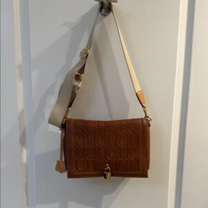 Carolina Herrera Brown Leather Crossbody Bag with Textured Pattern color:cognac